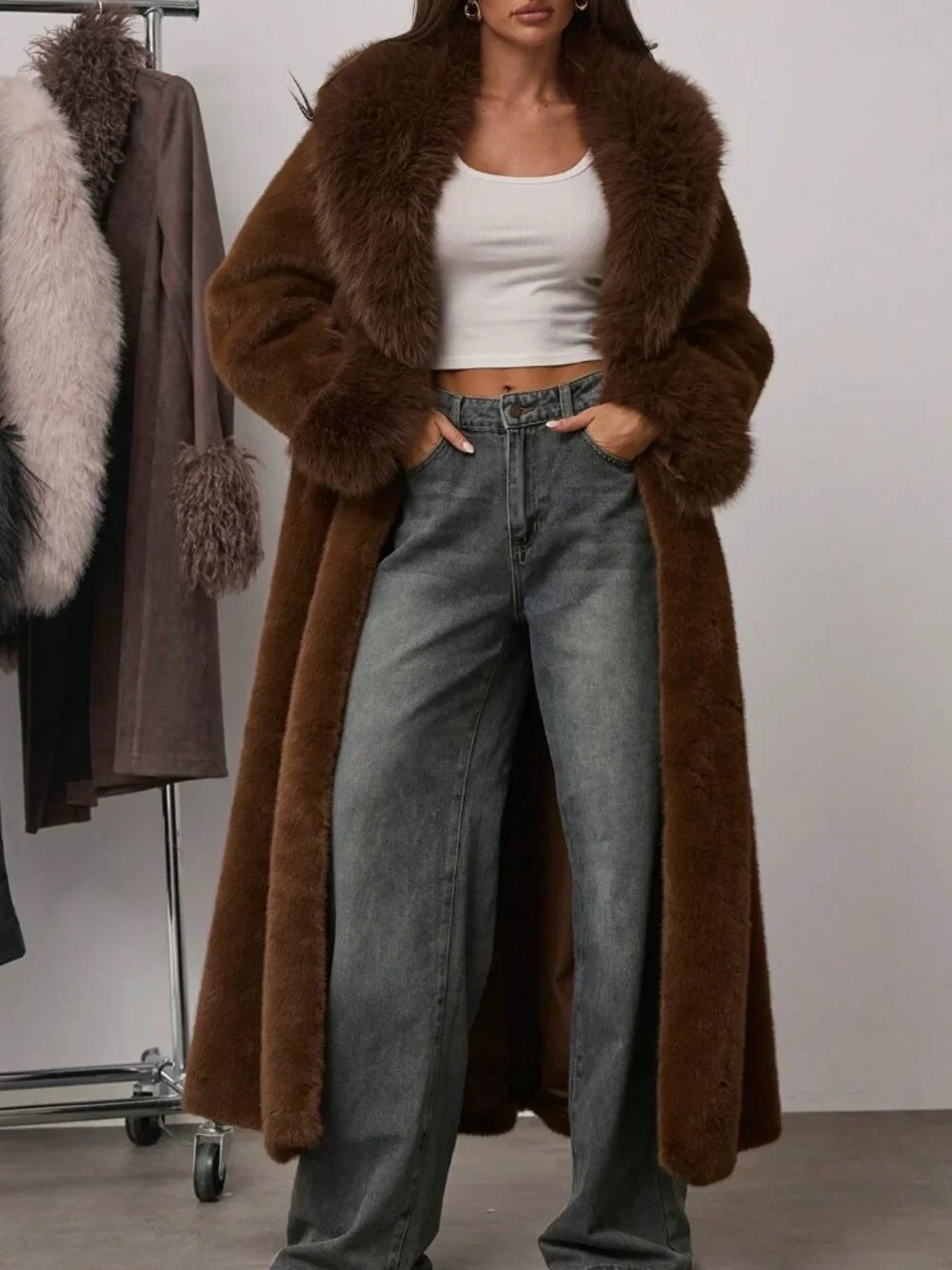 Mocha Brown Women's Shawl Collar Long Sleeve Pocket Belt Faux Fur Trench Coat